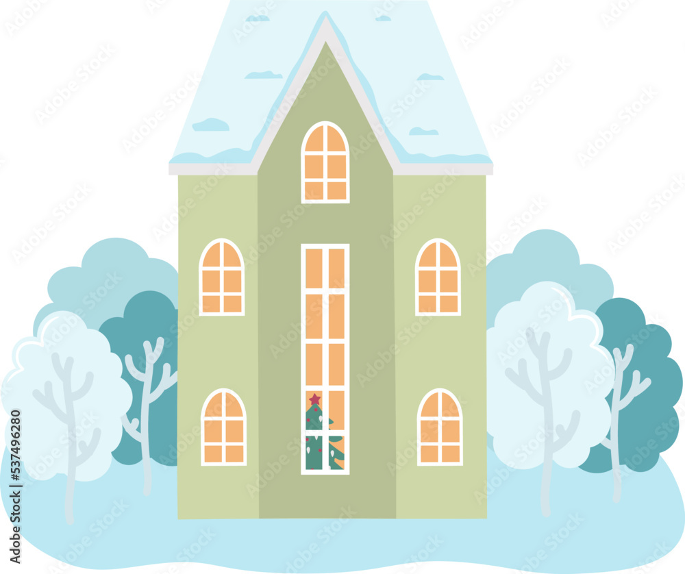 Vector illustration of isolated decorated buildings, New Year and Christmas houses on nature background. Holiday and celebration, winter architecture