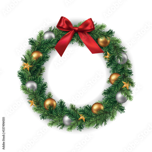 Vector realistic christmas wreath with gold and silver baubles and red ribbon, decorative round frame isolated on white background