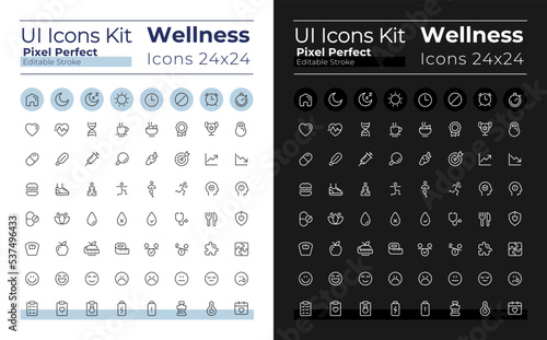 Wellness pixel perfect linear ui icons set for dark, light mode. Healthy lifestyle. Outline isolated user interface elements for night, day themes. Editable stroke. Montserrat Bold, Light fonts used