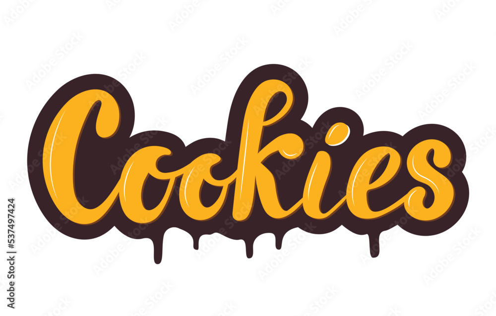 Cookies brand logo yellow letters on melted chocolate drop a