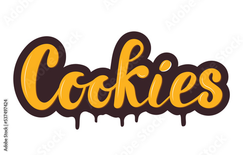 Cookies brand  logo , yellow letters on melted chocolate drop, a cookie with  hand lettering,  vector illustration. Logo. Bitten cookie. Cartoon Style for a card, packaging, Banner, Flyer, Sticker.