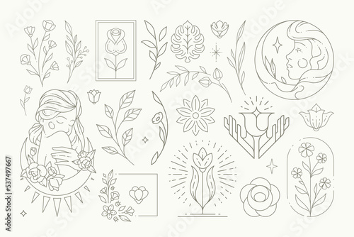 Contoured simple logo botanical flower set vector illustration. Monochrome line art deco blossom