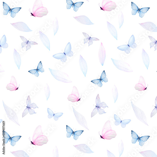 Watercolor minimalistic pattern of tender blue and pink butterflies with delicate leathes isolated