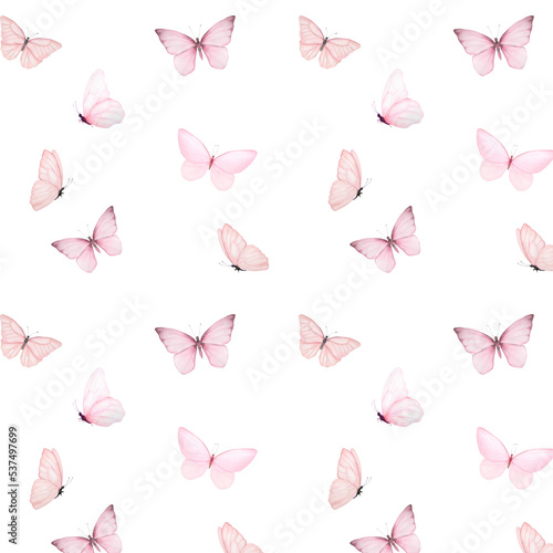 Watercolor minimalistic pattern of tender pink butterflies isolated