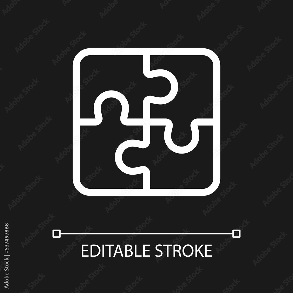 Puzzle pixel perfect white linear ui icon for dark theme. Team cooperation. Idea and solution. Vector line pictogram. Isolated user interface symbol for night mode. Editable stroke. Arial font used Puzzle pixel perfect white linear ui icon for dark theme. Team cooperation. Idea and solution. Vector line pictogram. Isolated user interface symbol for night mode. Editable stroke. Arial font used