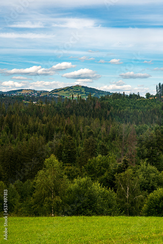 Fototapeta Naklejka Na Ścianę i Meble -  Ochodzita hill from meadow above Jaworzynkja village in Poland