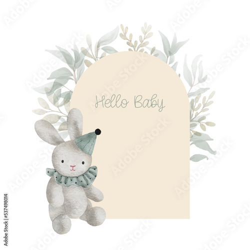 Watercolor arch baby shower card with green leaves and plush toy bunny. Hand drawn clipart. Perfect for card, postcard, tag, invitation, printing, wrapping.