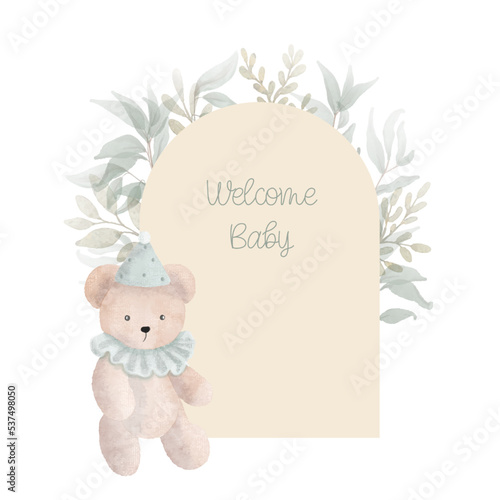 Watercolor arch baby shower card with green leaves and plush toy bear. Hand drawn clipart. Perfect for card, postcard, tag, invitation, printing, wrapping.