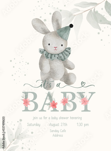 Its a Baby. Baby Shower lettering invitation template with watercolor plush toy and green leaf.