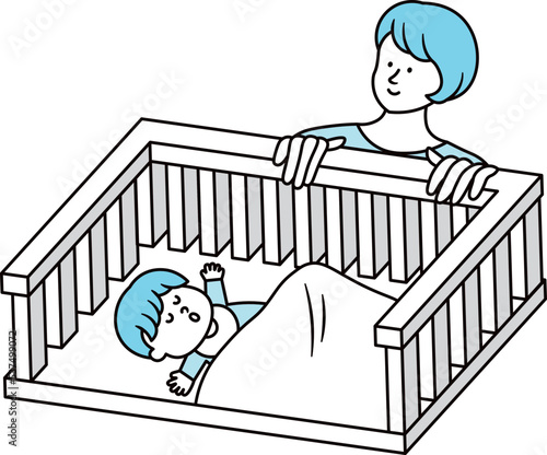 赤ちゃんの寝姿を見ている母親のイラスト素材