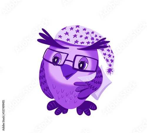 Illustration of a sleepy owl in a hood and with a pillow in monochrome purple colors. Cute bird for children's postcards, stickers, posters.