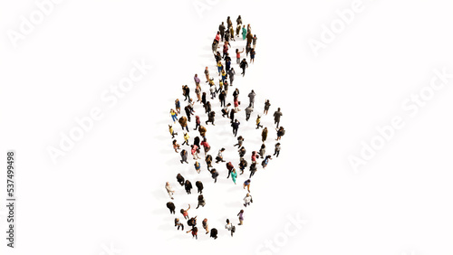 Concept or conceptual large community of people forming the image of a musical note on white background. A 3d illustration metaphor for music, concert, accoustic, orchestra, education and culture