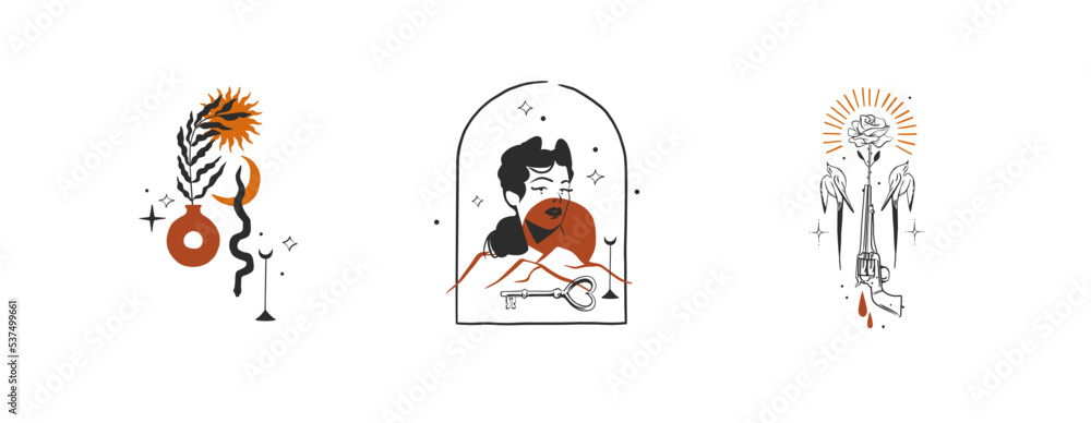 custom made wallpaper toronto digitalHand drawn abstract vector graphic clipart illustrations logo set compositions.Wild Western design concept.Bohemian wild west contemporary art.Cowboy modern line art drawing.American cowgirl logo.