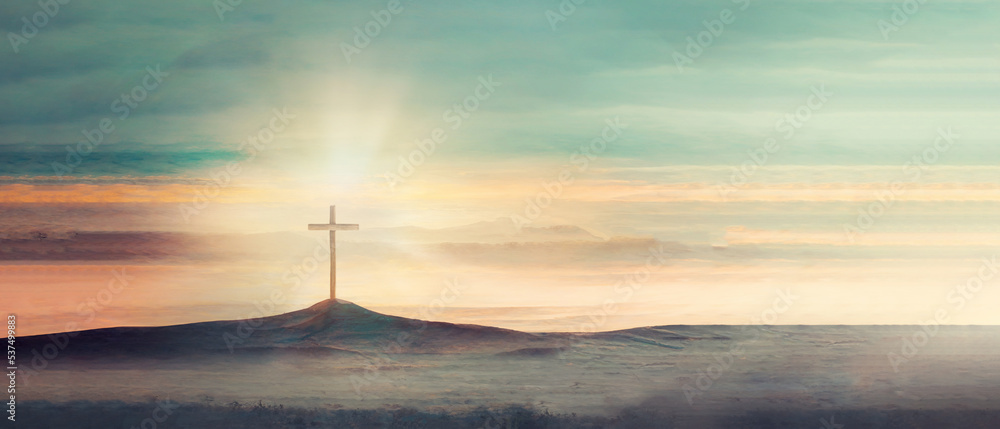 Silhouette of christian cross, lights, bokeh on black background. Copy space. Faith symbol. Church worship, salvation concept. Faith symbol in Jesus Christ. Holy cross for Easter day. Christianity - obrazy, fototapety, plakaty 
