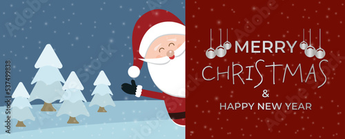 Santa Claus with big signboard. Merry Christmas calligraphy lettering design. Creative typography for holiday greeting. vector Christmas banner.