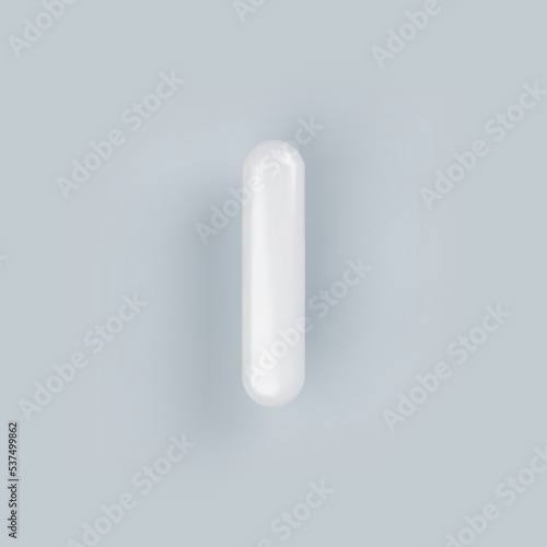 3D White plastic uppercase letter I with a glossy surface on a gray background.