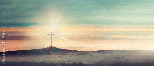 Fotografija Silhouette of christian cross, lights, bokeh on black background