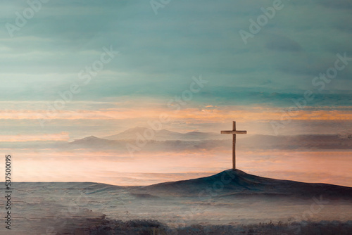 Slika na platnu Shining cross on Calvary hill, sunrise, sunset sky background