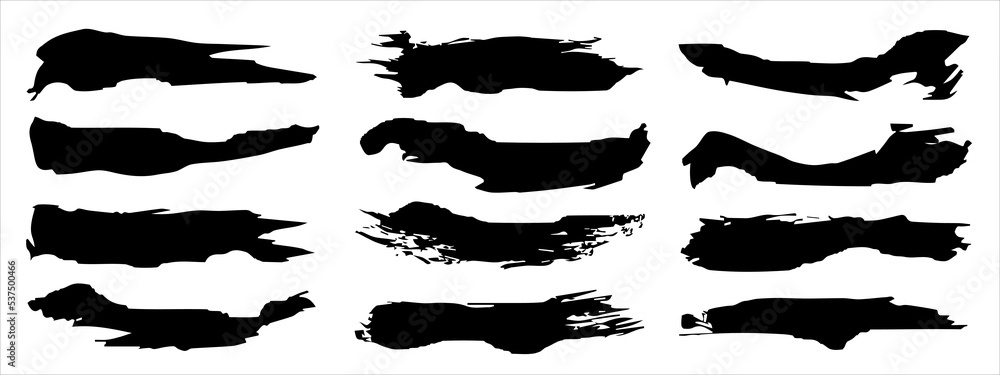 Vector collection of artistic grungy black paint hand made creative brush stroke set isolated on banner background. A group of abstract grunge sketches for design education or graphic art decoration