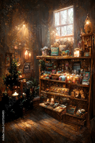 Interior of quaint christmas toyshop with old wood shelves with toys and christmas tree. Vintage style. Ai digital art illustration photo