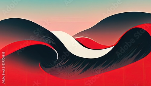 Traditional Japanese ukiyoe style with red, black and white waves. Wave shape like Hokusai Katsushika, graphic design element background.