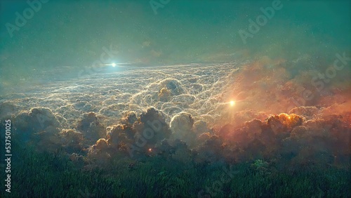 A sea of very thick clouds, a distant view looking down from above the clouds, teal-and-orange concept art.