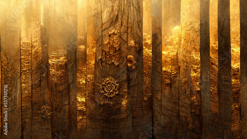Fototapeta Naklejka Na Ścianę i Meble -  Gold abstract wood texture, vertical gold wood panels, golden tree bark, 3D illustration