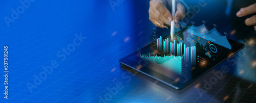 Business analysis big data screen and economic growth with financial graph. Concept of virtual fintech dashboard technology digital marketing and global economy. 3D illustration banner. photo
