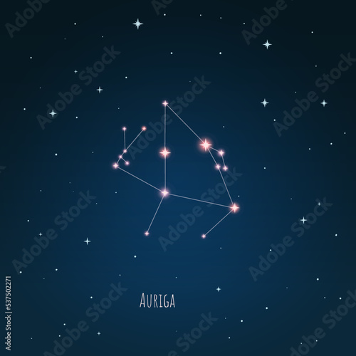 Constellation Auriga on the background of starry sky. Constellation scheme collection Vector illustration	
