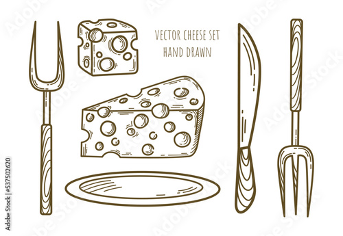 Vector cheese set. Two big linear maasdam pieces with large holes, food utensils icon. Dairy signs.  Decorative art elements for cafe menu design, packaging. Grocery store logo. Contour cutlery sketch