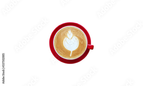 Flat lay red color cup of latte art coffee with tulip flower design isolated on white background