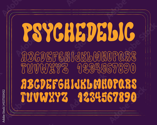 Psychedelic style font, 1960s alphabet letters and numbers vector illustration