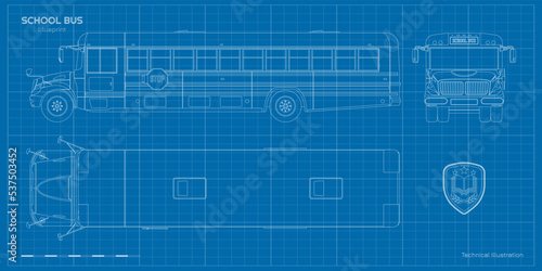 School bus drawing. Outline blueprint of municipal transport. Top, side, front vehicle view. Academy lorry. City transportation. Industrial clipart
