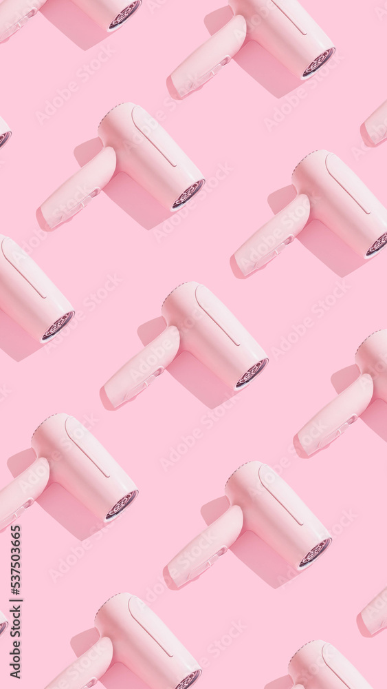 Modern vertical crop pattern with hair dryer on sunny pink background. Creative hairdressers wallpaper. Modern vertical crop pattern with hair dryer on sunny pink background. Creative hairdressers wallpaper.