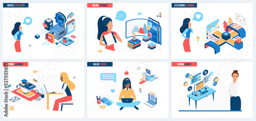 Online education, university and school for training students set vector illustration. Cartoon people study with computer, digital lesson concept for banner, website design or landing web page