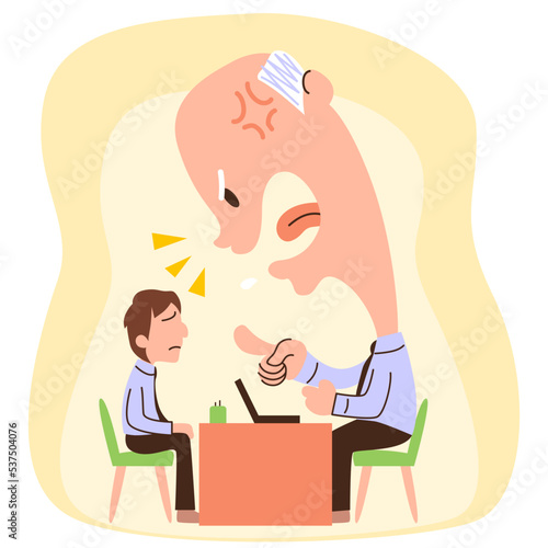 Angry boss scolding young male employee businessman