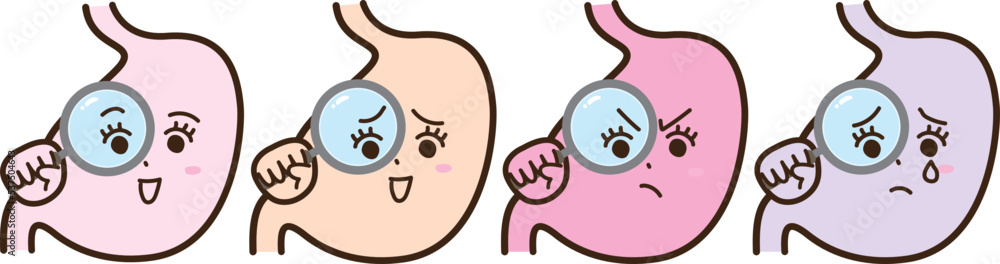 虫眼鏡で検査・診断する擬人化した胃の喜怒哀楽の表情セット 虫眼鏡で検査・診断する擬人化した胃の喜怒哀楽の表情セット