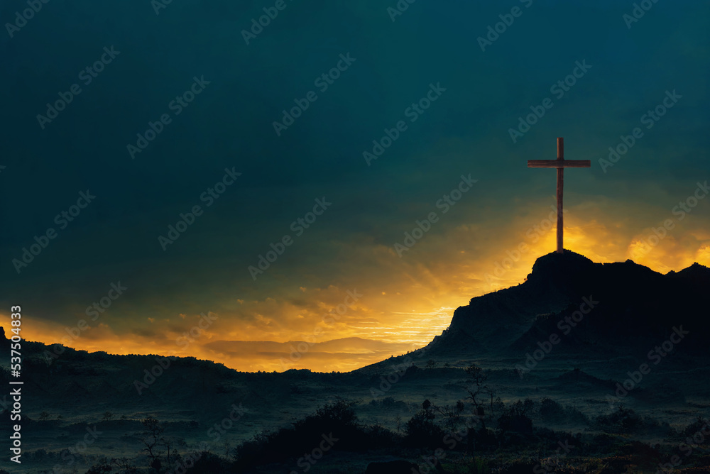 Shining cross on Calvary hill, sunrise, sunset sky background. Copy space. Ascension day concept. Christian Easter. Faith in Jesus Christ. Christianity. Church worship, salvation concept
