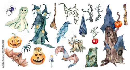 Colorful Halloween clipart with haunted house watercolor illustration isolated on white.