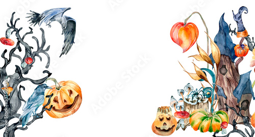 Banner of colorful Halloween watercolor illustration isolated on white background.
