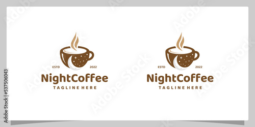 Vintage Cup Coffee Logo design template with moon in negative space design logo. Coffee night, coffee cafe logo illustration design template