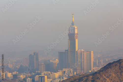 City view of zamzam tower and a foggy makkah morning photo