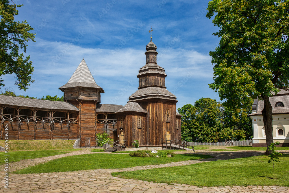 Reconstruction of historic wooden fortress and church in Baturyn, Chernihiv region, Ukraine