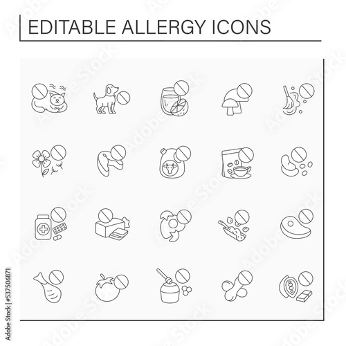 Allergy line icons set. Abnormal allergic reactions to food, pills and pets. Healthcare and treatment concept. Isolated vector illustrations. Editable stroke