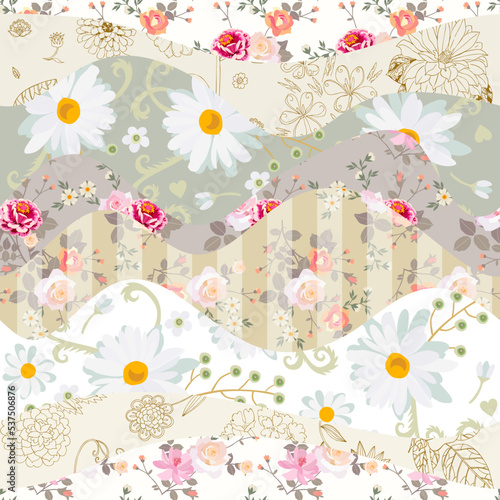 Beautiful seamless patchwork pattern from wavy patches with flowers. Fabric print