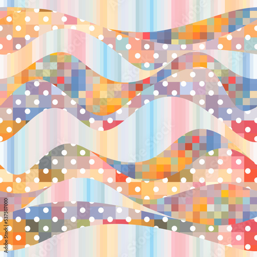 Colorful abstract seamless patchwork pattern from wavy patches with polka dot, checkered and striped ornament.
