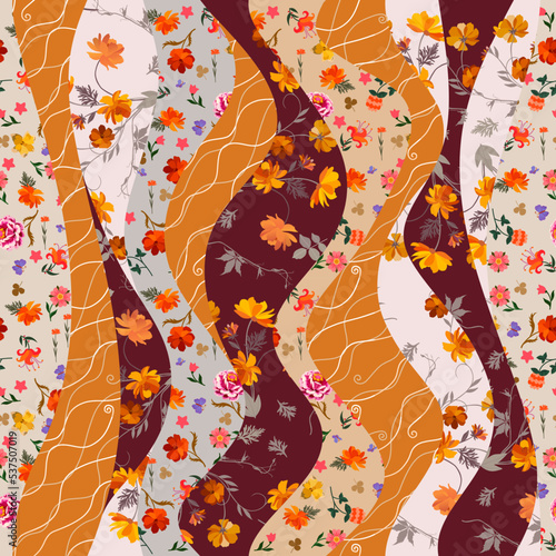 Quilt design with floral ornament. Seamless wavy patchwork pattern. Textile print