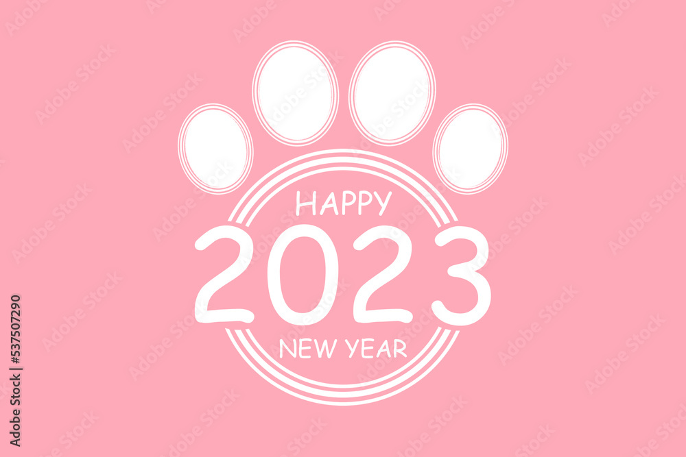 cat paw sticker with 2023 caption. Happy New Year 2023. Greeting card with text 2023. pink background cat paw sticker with 2023 caption. Happy New Year 2023. Greeting card with text 2023. pink background