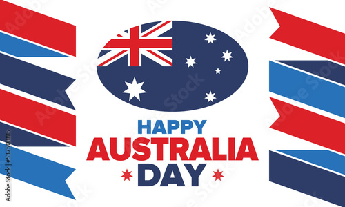 Australia Day. National happy holiday, celebrated annual in January 26. Australian flag. Patriotic elements. Poster, card, banner and background. Vector illustration