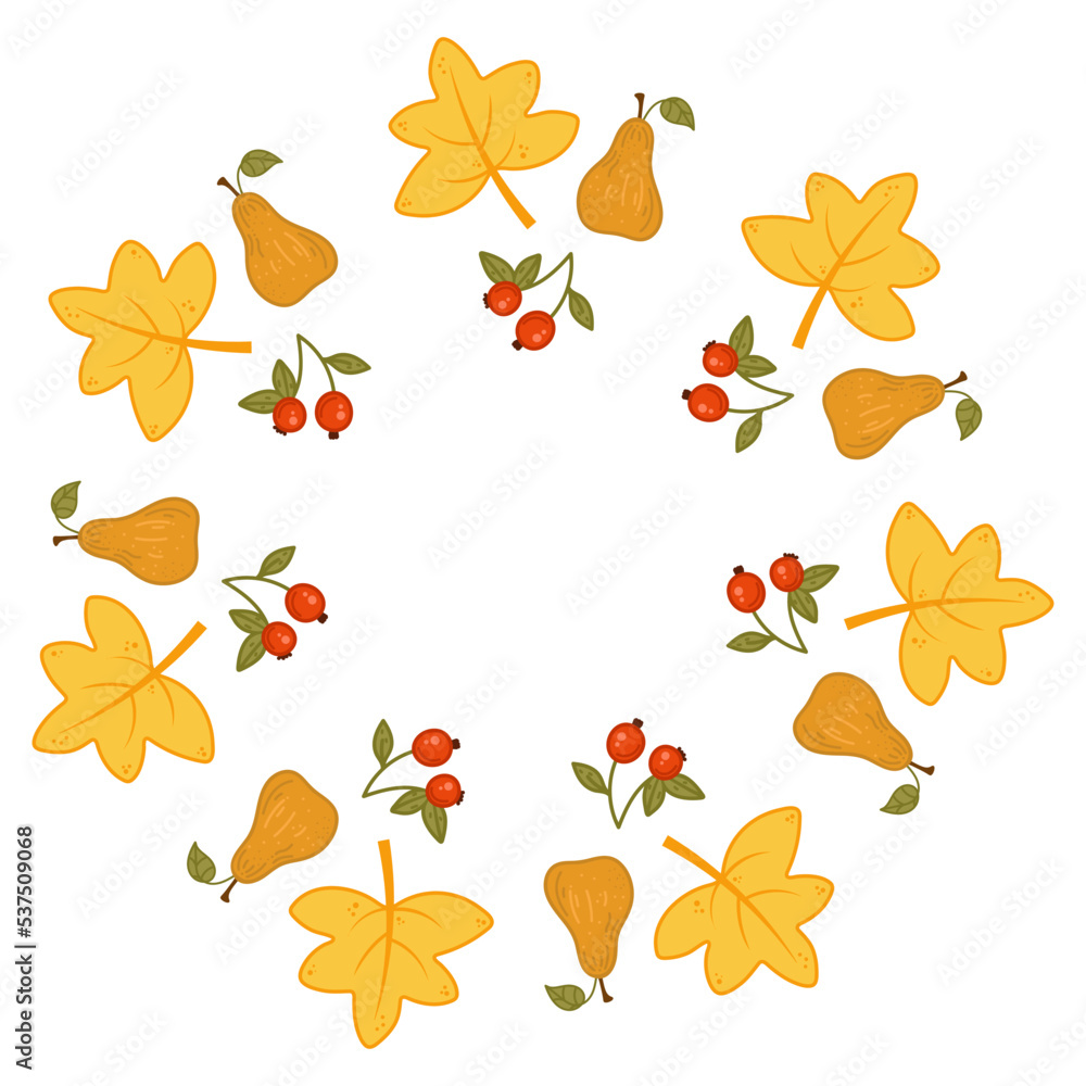 Fototapeta premium Cute vector autumn mandala with autumn berries,pears, leaves on white background.Hand drawn vector illustration.